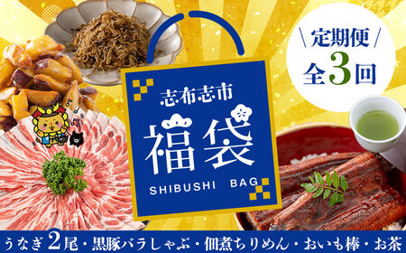 【定期便全3回】志布志市福袋!鰻とおかず・おやつ贅沢セット(極うなぎ2尾&黒豚バラしゃぶ2P&お茶&佃煮ちりめん&お芋棒) 鹿児島県産 ウナギ 真空パック バラエティ 詰め合わせ 食べ比べ お楽しみ お取り寄せ t0084-013