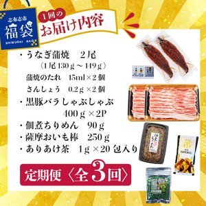 【定期便全3回】志布志市福袋!鰻とおかず・おやつ贅沢セット(極うなぎ2尾&黒豚バラしゃぶ2P&お茶&佃煮ちりめん&お芋棒) 鹿児島県産 ウナギ 真空パック バラエティ 詰め合わせ 食べ比べ お楽しみ お取り寄せ t0084-013