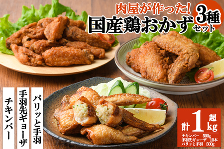 肉屋が作った！国産鶏おかず3種セット＜手羽先ギョーザ・パリッと手羽・チキンバー＞ 鶏肉 手羽餃子 保存 唐揚げ からあげ おかず お弁当 時短 簡単調理 冷凍 a2-088