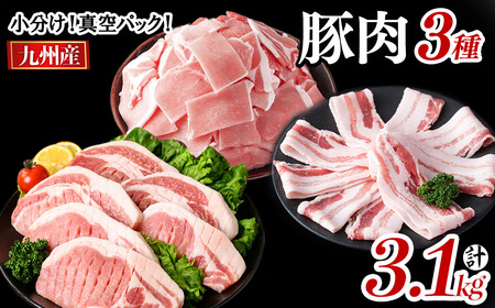 小分け・真空パック!九州産豚肉3種(計3.1kg) 小分け 真空パック 豚肉 豚 ロース バラ モモ ウデ バラエティ セット とんかつ とんてき 野菜炒め a5-319
