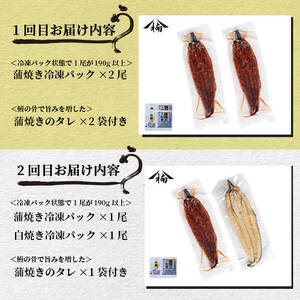 【定期便全3回】お手軽に楽しめるうなぎ定期便！（計1.04kg以上）鰻 白焼き うなぎ ウナギ 蒲焼き 国産 九州産 鹿児島 冷凍 有頭 おつまみ 惣菜 おかず きざみ うな重 うな丼 定期便 頒布会 セット 食べ比べ t0046-004