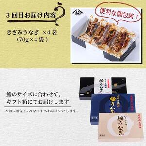 【定期便全3回】種類豊富なうなぎ定期便（計1.06kg以上）鰻 白焼き うなぎ ウナギ 蒲焼き 国産 九州産 鹿児島 冷凍 有頭 おつまみ 惣菜 おかず きざみ うな重 うな丼 定期便 頒布会 セット 食べ比べ t0049-002