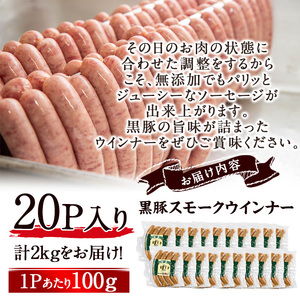 【無添加】【ギフト対応】「福別府農場」鹿児島黒豚無添加スモークウインナー 計2kg(100g×20P) ウインナー ソーセージ 添加物不使用 無添加 黒豚 国産 豚肉 贈り物 プレゼント 冷凍 おつまみ おかず お弁当 e0-055