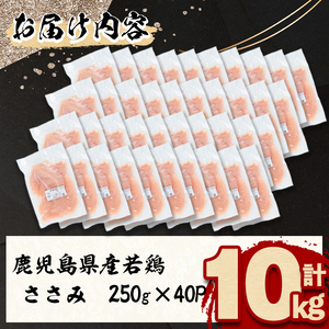 小分けで便利！鹿児島県産若鶏ささみ 計10kg(250g×40P) 鶏肉 とり肉 鳥肉 ささみ 鳥ささみ ヘルシー ダイエット 低カロリー 若鶏 小分け 真空 真空パック 保存 カット カット済 b7-026