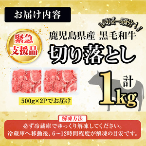 【緊急支援品】【訳あり】黒毛和牛万能切り落とし肉 計1kg（500g×2P）鹿児島県産 黒毛和牛 和牛 切り落とし 肉 牛肉 国産 九州産 赤身 薄切りすき焼き しゃぶしゃぶ カレー 小分け 煮込み 訳あり 訳アリ 切落し a1-143
