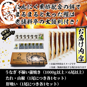 【訳あり】鹿児島県産！秘伝のスタミナうなぎ蒲焼き＜計1000g以上/6尾以上＞肝吸いセット！ にんにく黒酢パワーで丸々太った美味しい鰻！ うなぎ ウナギ 鰻 蒲焼き スタミナ 黒酢 ニンニク 不揃い 鹿児島 肝吸い d9-004