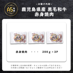 【小分け】＜A5等級＞鹿児島県産 黒毛和牛 牛肉 赤身 焼肉 (200g×3P/計600g) a5-362