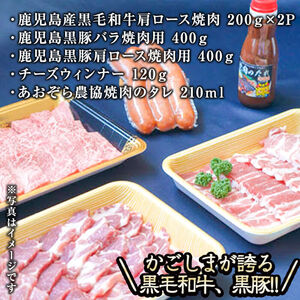 【鹿児島県産黒毛和牛・黒豚】お家でいただく極上 焼肉セット(チーズウインナー＆タレ付き)計1.3kg以上！ 焼肉 焼き肉 焼き肉セット 肉 牛肉 豚肉 黒豚 食べ比べ 肩ロース 豚バラ 豚肩ロース ウインナー ソーセージ BBQ バーベキュー b5-180