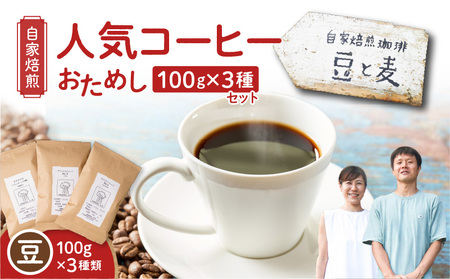 【自家焙煎】豆と麦の人気コーヒー（豆）お試し 100g×3種類セット A017-016-01 コーヒー 珈琲 ブレンドコーヒー 中深煎り 深煎り 飲料 モカ フルーティー 自家栽培珈琲 自家栽培 コク 甘味 豆 豆と麦 自家焙煎珈琲豆と麦 ふるさと納税 鹿児島 奄美市 おすすめ ランキング プレゼント ギフト