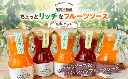 奄美大島産 ちょっと リッチ な フルーツソース 5本 セット（ すもも ＆ パッションフルーツ ） A092-008 ソース 果物 フルーツ 果実 加工食品 加工品 南国フルーツ ヨーグルト 朝食 おやつ 豊潤な香り 甘い 自家農園 kashiwa farm ふるさと納税 奄美市 おすすめ ランキング プレゼント ギフト