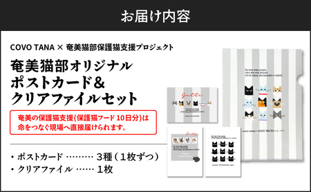 【 奄美 の 保護猫支援 （ 保護猫 フード 10日分 ）】 ＋ ポストカード ＆ クリアファイル セット A071-008 お手紙 猫デザイン 3種 オリジナルポストカード  A4サイズクリアファイル 保護猫プロジェクト cafeCOVOTANA ふるさと納税 鹿児島 奄美市 おすすめ ランキング プレゼント ギフト