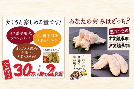 028-31 黒さつま鶏手羽食べ比べ30本セット(約2kg)