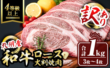 isa574 ＜訳あり＞九州産和牛ロース大判焼肉(合計1kg・3枚～4枚) 4等級以上国産 真空包装 真空パック リブロース ステーキ 牛 うし 牛肉 アウトドア BBQ 冷凍【サンキョーミート株式会社】