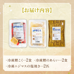 isa748 曽木の滝 なりざわ特製 鯉こく・鯉あらい・ニジマスの塩焼きセット(各2食) 鯉こく 鯉あらい ニジマス 塩焼き 川魚料理 川魚 郷土料理 和食 【やさしいまち】