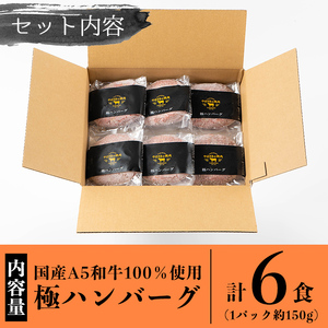 a940 生食感ハンバーグ！やまさきの焼肉A5ランク極ハンバーグ150g×6袋(合計900g)【やまさき】 国産 肉 牛 牛肉 総菜 冷凍ハンバーグ おかず 簡単 冷凍 個包装 小分け 一人暮らし 牛100%