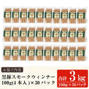a622-C 鹿児島黒豚「短鼻豚」無添加スモークウィンナー3kg(100g×30P)【鹿児島ますや】 姶良市 国産 ウィンナー 無添加 ウインナー ソーセージ 冷凍 黒豚