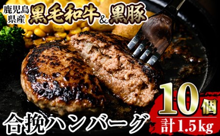 a842 黒毛和牛&黒豚合挽ハンバーグ計1.5kg(150g×10個)(トレー無しSDGs)【水迫畜産】