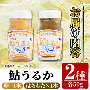 s569 ＜期間・数量限定＞鮎うるか2種(計2本・卵×1本、はらわた×1本・各50g) 塩辛 うるか にがうるか おつまみ 珍味 発酵食品 あゆ アユ 魚 魚介 川魚 内臓 はらわた 【しもむぎ】