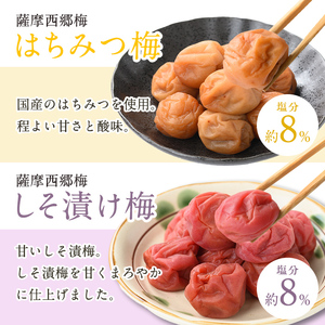 s581 ＜訳あり・業務用＞薩摩西郷梅はちみつ梅・しそ漬け梅食べ比べセット(計1kg・500g×2種)まろやか 南高梅 梅 梅干し うめぼし 蜂蜜 ハチミツ 紫蘇 しそ 粒 大きい 食べ比べ 業務用 訳あり 簡易包装 常温【薩摩西郷梅生産組合】