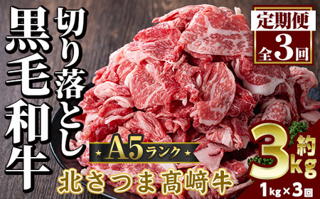 s700  ＜定期便・全3回＞鹿児島県産 北さつま高崎牛 切り落とし肉(計3kg(約500g×2P×3回) 国産 九州産 黒毛和牛 A5ランク A5等級 赤身 雌牛 切落し 切り落し 切落とし 牛肉 小分け お肉 真空パック 冷凍 【太田家】