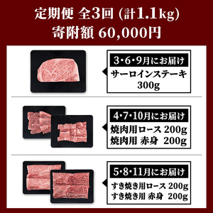 s702  ＜定期便・全3回＞鹿児島県産 北さつま高崎牛 プレミアムセット (合計約1.1kg)  黒毛和牛 牛肉 A5ランク A5等級 ステーキ サーロイン 霜降り サシ 赤身 すきやき すき焼き しゃぶしゃぶ 焼肉 セット 真空パック 冷凍 【太田家】
