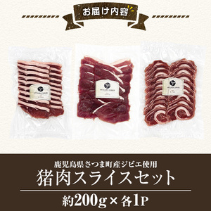 s759 〈鹿児島県さつま町産ジビエ使用〉猪肉スライス3種セット《ロース/バラ/モモ》(合計約600g・約200g×各1P) 国産 鹿児島県 猪肉 イノシシ ジビエ 肉 スライス肉 ロース バラ モモ 焼肉 ぼたん鍋 食べ比べ 詰合せ 冷凍 【さつまのジビエファクトリー】