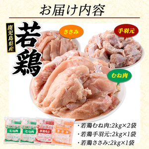 鹿児島県産若どりセット(計8kg) 鶏肉 小分け 冷凍 鶏 ササミ ささみ 鶏むね肉 手羽元 【まつぼっくり】matu-6100