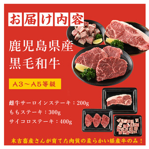 鹿児島県産黒毛和牛ステーキ食べ比べ３点セット(計900ｇ) 国産 九州 鹿児島 長島町 牛肉 サーロイン ももステーキ モモ サイコロ 焼肉 BBQ【コネクトライン】konekuto-7185