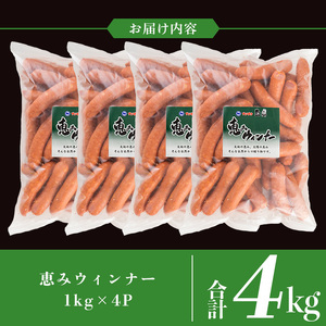 《業務用・訳あり》恵みウィンナー(合計4kg・1kg×4P) 国産 豚肉 ウインナー ソーセージ フランクフルト 惣菜 おかず 晩御飯 おつまみ 弁当 BBQ キャンプ 冷凍 訳あり 訳アリ 簡易包装 【ナンチク】_y570