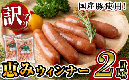 y435 《業務用・訳あり》恵みウィンナー(合計2kg・1kg×2P) 国産 豚肉 ウインナー ソーセージ フランクフルト 惣菜 おかず 晩御飯 おつまみ 弁当 BBQ キャンプ 冷凍 訳あり 訳アリ 簡易包装 【ナンチク】