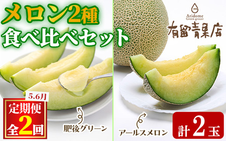 【0203609b】《先行予約受付中！》＜定期便・全2回＞自慢の農家×老舗青果店 メロン食べ比べセット(計2玉) メロン食べ比べセット(計2玉) メロン めろん アールスメロン 肥後グリーン 果物 くだもの フルーツ 果実 セット 詰め合わせ 旬 【有留青果】