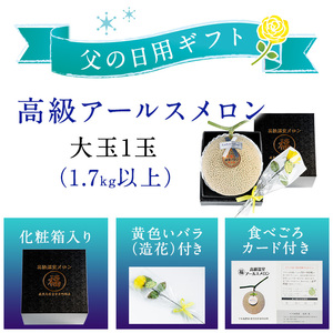 【0151114a-F】＜父の日ギフト・数量限定＞高級アールスメロン(大玉1玉・1.7kg以上、黄色バラ付(造花)付) メロン フルーツ 果物 果実 1キロ 数量限定 期間限定 贈答 贈り物 父の日【マル福園芸組合】