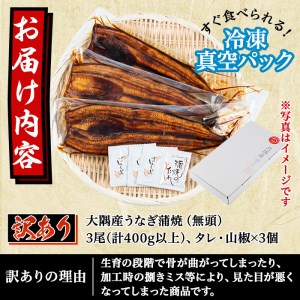 【12821】＜訳あり・不揃い＞東串良町のうなぎ蒲焼(無頭)(3尾・計400g以上、タレ・山椒付)【アクアおおすみ】