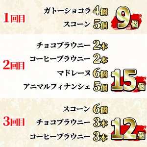 【31887】＜定期便・全3回(連続)＞焼き菓子詰め合わせ(ガトーショコラ、スコーン、ブラウニー、マドレーヌ、フィナンシェ)お菓子 スイーツ 洋菓子 焼き菓子 個包装 小分け おやつ かわいい【Felice Regalo】