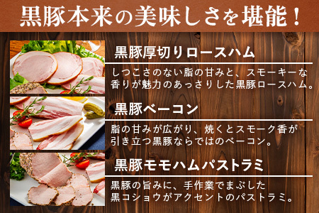 鹿児島県産 黒豚バラエティセットB 約550g (黒豚モモハムパストラミ200g×1・黒豚厚切りロースハム200g×1・黒豚ベーコン150g×1) NS-506 ❘ 肉 お肉 豚肉 豚 にく ぶた かごしま黒豚 モモ ロース 厚切りハム ベーコン 冷蔵 小分け 鹿児島県 南大隅町 南州農場