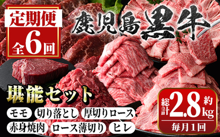 【D01011】＜定期便・全6回(連続)＞鹿児島黒牛定期便・堪能セット(全6種・合計2.8kg) 黒毛和牛 鹿児島黒牛 モモ ロース 赤身 薄切り ヒレステーキ 切り落とし 焼肉 食べ比べ 日本一 鹿児島 国産 九州産 牛肉 ビーフ 定期便【新村畜産】