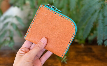 屋久鹿レザーの島財布 キャメル×ターコイズ