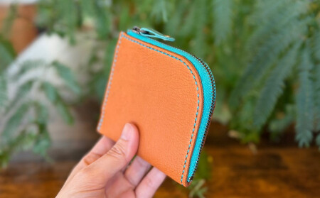 屋久鹿レザーの島財布 キャメル×ターコイズ