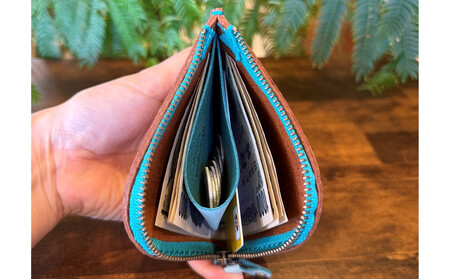 屋久鹿レザーの島財布 キャメル×ターコイズ