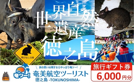 奄美航空ツーリスト徳之島営業所 旅行ギフト券（6,000円分）（ 旅行会社 地元旅行会社 旅行クーポン 航空券 フェリー 徳之島 奄美 鹿児島 世界自然遺産 奄美航空ツーリスト 奄ツー！ 徳之島営業所 旅行パック 飛行機 船 宿泊 ホテル )