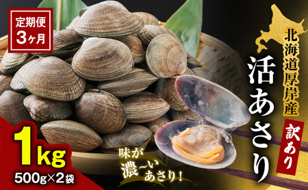 3カ月 定期便 北海道 厚岸産 訳あり 活あさり 500g×2(各月1kg、合計3kg) アサリ 貝類 海産物 旨み 砂出し済み 厚岸産あさり 