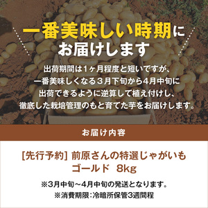 【 2025年 先行予約 】前原さんの 特選じゃがいも ゴールド 8kg  C062-001 野菜 じゃがいも ジャガイモ ポテト やさい 根菜 根菜類 野菜類 ゴールド フライドポテト ポテトチップス 芋 先行受付 先行 予約 限定 煮込み料理 揚げ物 美味しい おいしい ホクホク 極上 新じゃが 手堀り 鹿児島県 鹿児島 沖永良部島 沖永良部 スナップ牧場 ふるさと納税 知名町 おすすめ プレゼント ランキング ギフト