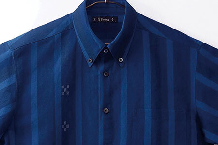 AZ-76 みんさー織 総手織りボタンダウンシャツ（藍ストライプ）LLサイズ