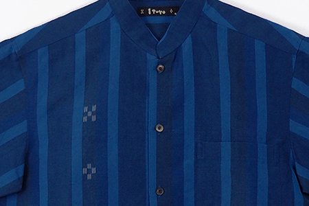 AZ-79 みんさー織 総手織りマオカラーシャツ（藍ストライプ）LLサイズ
