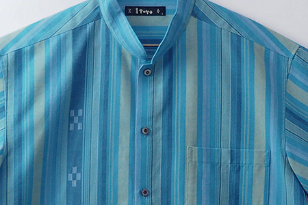 AZ-80 みんさー織 総手織りマオカラーシャツ（ニライカナイBL）Mサイズ