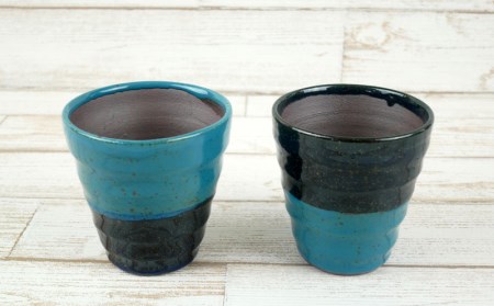 【やちむん丸勇陶房】ゆのみ（中）ツートンブルー2個セット