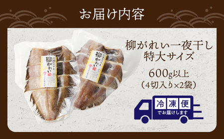 【北海道浜中町産】柳がれい一夜干し<特大> 600g以上(4切入り×2袋)_H0023-018