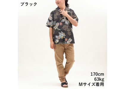 【かりゆしウェア】メンズ いちゃりばシーサーパインMサイズ×ブラック