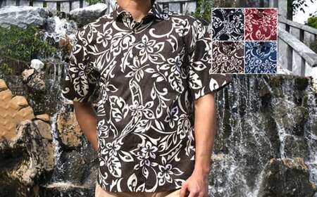 紳士用かりゆしウェア プルメリアトライバル柄Mサイズ×クロ