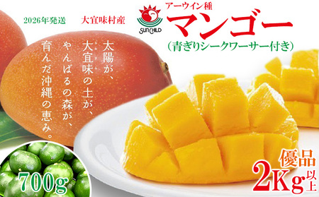 【2026年発送】大宜味村産 アーウィン種マンゴー　優品2キロ以上（青ぎりシークワーサー700ｇ付き） フルーツ 果物 くだもの 果実 沖縄 大宜味村 食べ物 国産 優品 県産 産地直送 ギフト プレゼント トロピカル 送料無料 甘味 スイーツ お取り寄せ デザート マンゴー